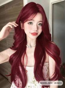 alicegarden 1 件合成耐热长自然波浪红色假发，带刘海，长 28 英寸，由纤维制成，适合日常使用，自然逼真的假发。