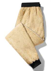 Men's Sherpa Lining Sweatpants, Loose Fit Elastic Waist Drawstring Printed Casual Jogger Pants