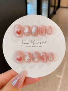 10 件手工美甲假指甲套装，包括粉色心形、蝴蝶、星星、椭圆形指甲贴片，适合美甲师、学生、孕妇、日常使用，带果冻胶 - 彩色 - 查看 2