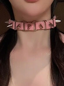 1pc Punk Gothic Rivet Pink Choker Necklace, Suitable For Women Daily Party Wear, Halloween Christmas Party Creative Birthday Valentine's Day Gift - Pink - View 9