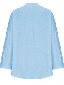 女式宽松 V 领落肩长袖弧形下摆 T 恤，秋冬季 - 藍色 - 查看 4