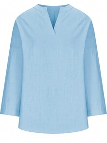 女式宽松 V 领落肩长袖弧形下摆 T 恤，秋冬季 - 藍色 - 查看 5