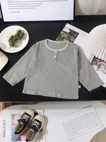 男童条纹长袖 T 恤，韩版休闲上衣，幼儿春装 - 灰色 - 查看 1