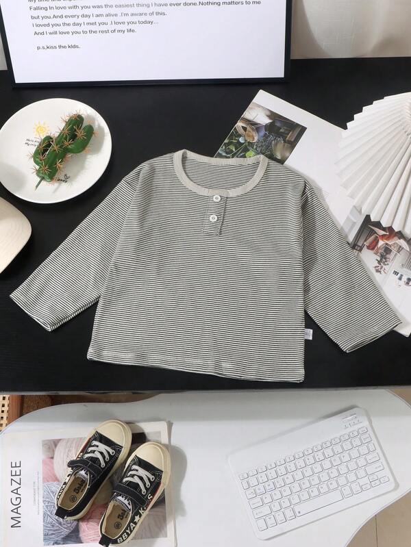 Young Boys Striped Long Sleeve T-Shirt, Korean Style Casual Top, Toddler Spring Clothes