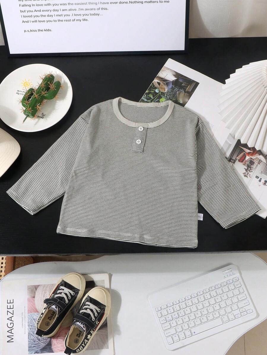 男童条纹长袖 T 恤，韩版休闲上衣，幼儿春装 - 灰色 - 查看 1