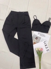 Elegant Tailored Set With Palazzo Pants And Cropped Top/DD032 - 黑色 - 查看 1