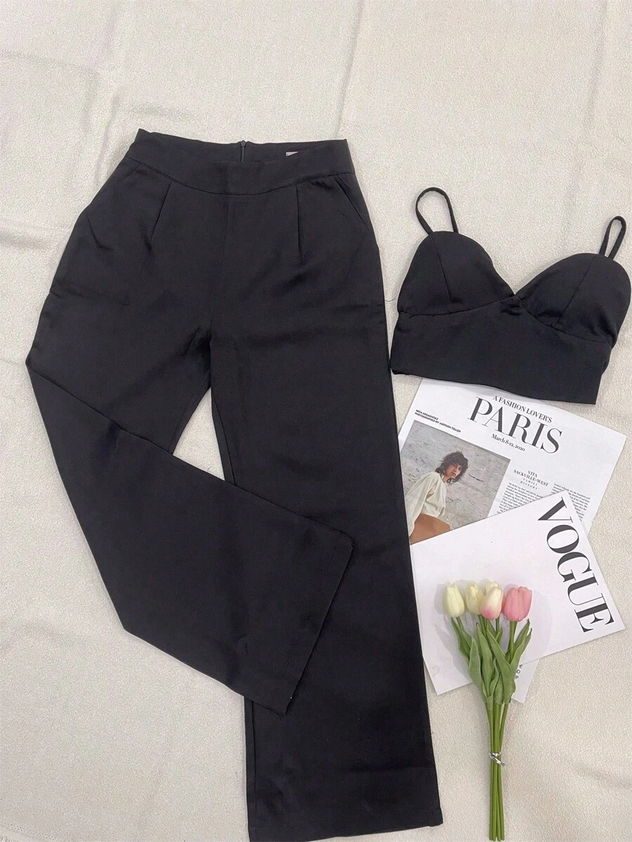 Elegant Tailored Set With Palazzo Pants And Cropped Top/DD032 - 黑色 - 查看 1