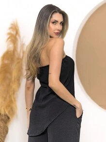 Set Of Strapless Tailored Blouse And High-Waisted Tailored Palazzo Pants - Black - View 4