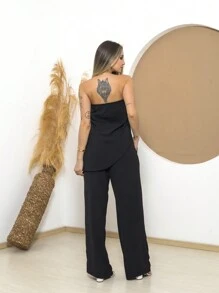 Set Of Strapless Tailored Blouse And High-Waisted Tailored Palazzo Pants - Black - View 2