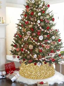 1件装圣诞树裙，圣诞树裙边，金/红/银色，22英寸亮片圣诞树裙，奢华闪光树裙，适合秋季节日，闪亮双面圣诞树底座装饰，最佳礼物，生日家居装饰，圣诞装饰，房间装饰，冬季圣诞装饰，家居圣诞礼物，圣诞装饰