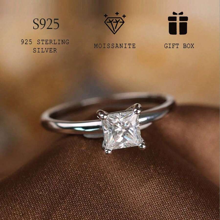 1入1ct閃耀莫桑石公主方形鉑金925純銀矩形戒指，高品質和時尚設計，適合婚禮、訂婚、情人節、母親節和萬聖節。附帶莫桑石證明和精美禮盒。