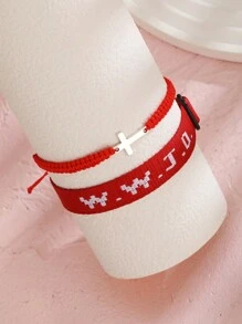 2pcs/Set Minimalist Stainless Steel Cross Bracelets & Wwjd Letter What Would Jesus Do Christian Jewelry Jacquard Knit Wristband Bracelet Set For Women For Party Jewelry