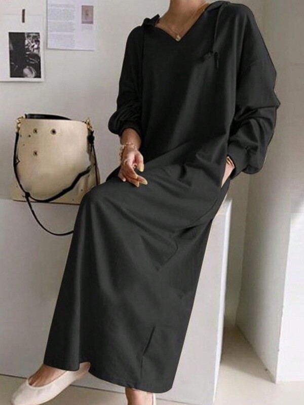 Plus Size Hooded Casual Sweatshirt Dress With Real Pockets, 180G Knit Fabric, Relaxed Style Hooded Dress