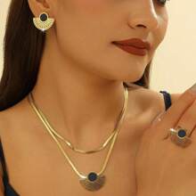 1 套不锈钢金属空心扇形吊坠、耳环、戒指首饰套装 - 金色 - 查看 7