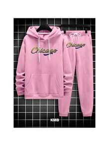 Children's Sweatshirt Set 2 To 16 Chicago Print Jacket, Long Sleeve Hooded Top And Pants Mid-Season Tracksuit - 淺粉色 - 查看 2