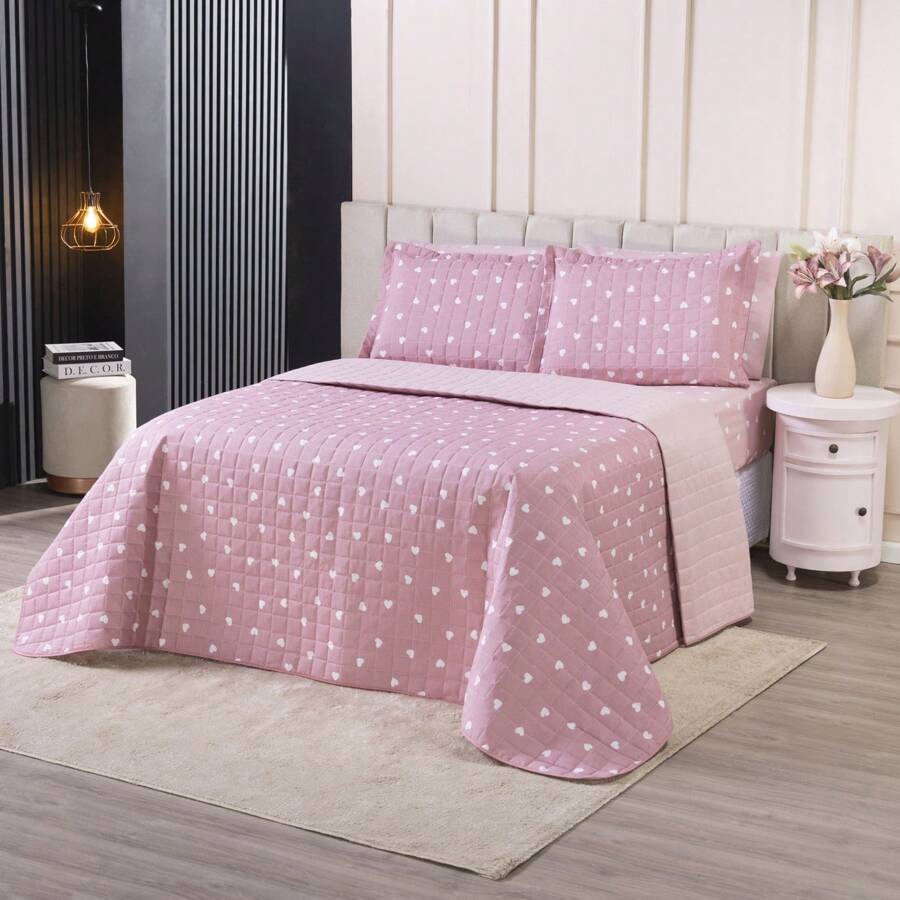 King Size 3-Piece Double-Sided 180 Thread Count Cotton Bedspread Kit Various Prints - 粉紅心 - 查看 1