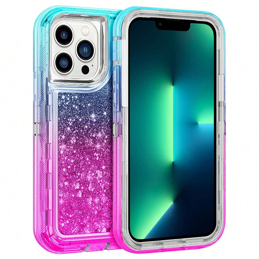 Modes Wireless For IPhone 15 Pro 6.1 Inch Dual Layer Protective Shockproof Tough Defender Sparkling Liquid Glitter Heart Case Cover - 青色/粉紅色 - View 1
