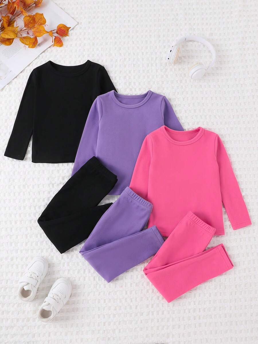2pcs/Set Young Girl Solid Color Fleece Crew Neck Pullover And Pants Suit, Autumn/Winter - Multicolor - View 1