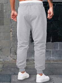 男士休闲卡通熊印花抽绳腰运动裤，秋冬 - 淺灰色 - 查看 2