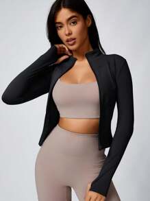 2pcs Women Fashion Solid Color Thumb Hole Long Sleeve Zipper Sports Top, Tight Outdoor Jacket