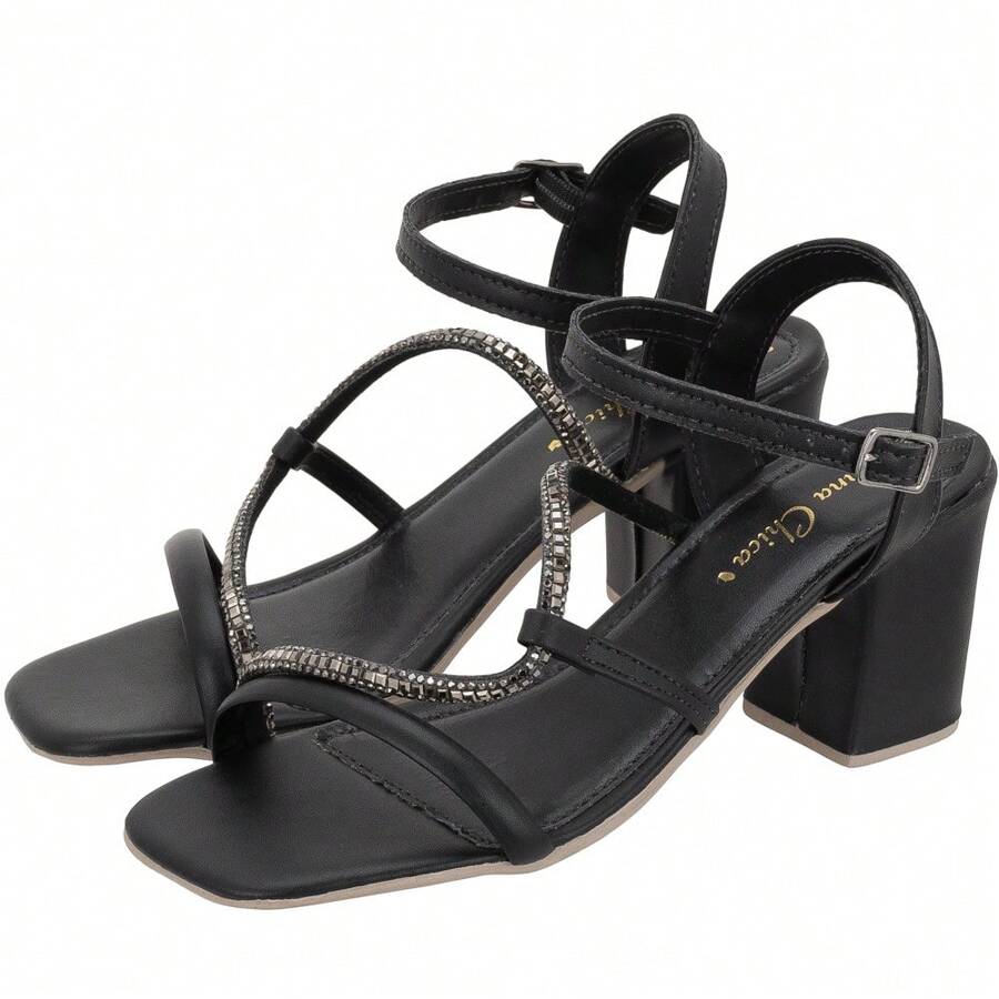 Sandália Feminina Salto Bloco Alto Grosso Tiras Strass Em S - Preto - Visão 1