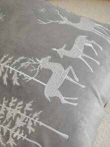 1pc Christmas Deer & Christmas Tree Embroidered Cushion Cover, Suitable For Indoor Decor, Christmas Decorative Pillow Cover, No Filler - Grey - View 3