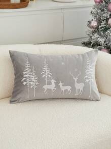 1pc Christmas Deer & Christmas Tree Embroidered Cushion Cover, Suitable For Indoor Decor, Christmas Decorative Pillow Cover, No Filler - Grey - View 7