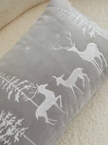 1pc Christmas Deer & Christmas Tree Embroidered Cushion Cover, Suitable For Indoor Decor, Christmas Decorative Pillow Cover, No Filler - Grey - View 8