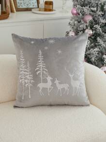 1pc Christmas Deer & Christmas Tree Embroidered Cushion Cover, Suitable For Indoor Decor, Christmas Decorative Pillow Cover, No Filler - Grey - View 6