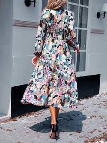 Long Sleeve Dress Women Floral Pattern V-Neck Elegant - 綠色 - 查看 3