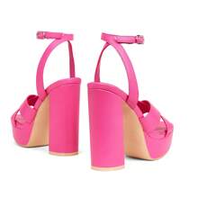 Women's Platform Chunky Heel Sandals 4.7 Inches Open Square Toe Heels With Ankle Strap Dress Wedding Party Shoes - Hot Pink - View 2