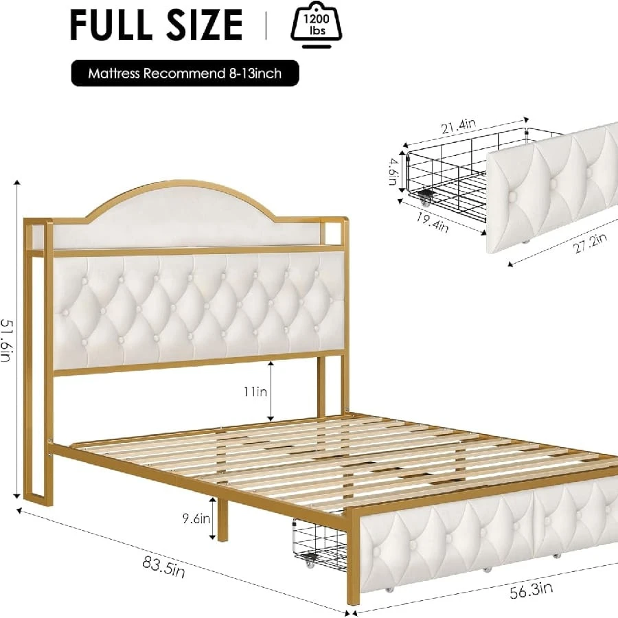 Full/Queen/King Size Bed Frame With Storage Headboard, Charging Station