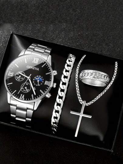4 件套男士时尚套装：带日历的休闲石英表、银色吊坠项链、戒指和手链 - 送给他的完美礼物