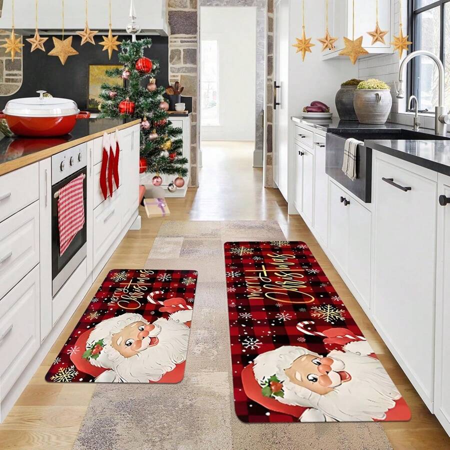 1/2 piezas Juego de alfombras de cocina navideñas engrosadas de 0.47 pulgadas/1.2 cm, diseño de cuadros escoceses de Papá Noel, alfombras de franela lavables a máquina, almohadillas rectangulares antideslizantes para decoración navideña del hogar