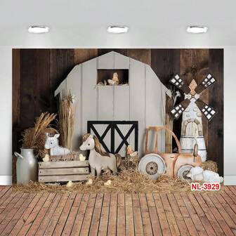 白色谷仓农场摄影背景生日蛋糕砸照片背景牛羊风车摄影工作室道具
