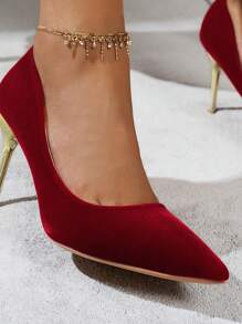 女士纯红色天鹅绒高跟鞋，设计简洁优雅，舒适 - 酒紅色 - 查看 7