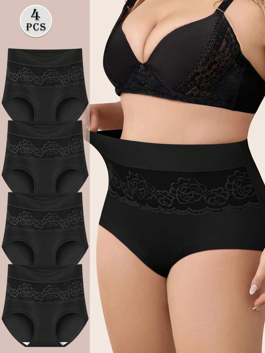 MEIYATING 4 件/包加大码高腰塑身女式三角裤，玫瑰图案网眼舒适内裤