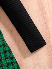 2pcs/Set Young Girl Fashion Set: Solid Color Simple Round Neck Knitted Long Sleeve Top + Green Plaid Skirt, Stylish Outdoor Outfit For Teens, Comfortable & Soft Casual School Style Spring Childrenswear - màu xanh lá - Xem 4