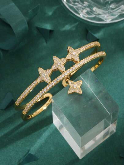 1 件高品质欧美风格方晶锆石 18K 镀金奢华吊坠手链配饰，个性化四面星，女士日常佩戴礼物