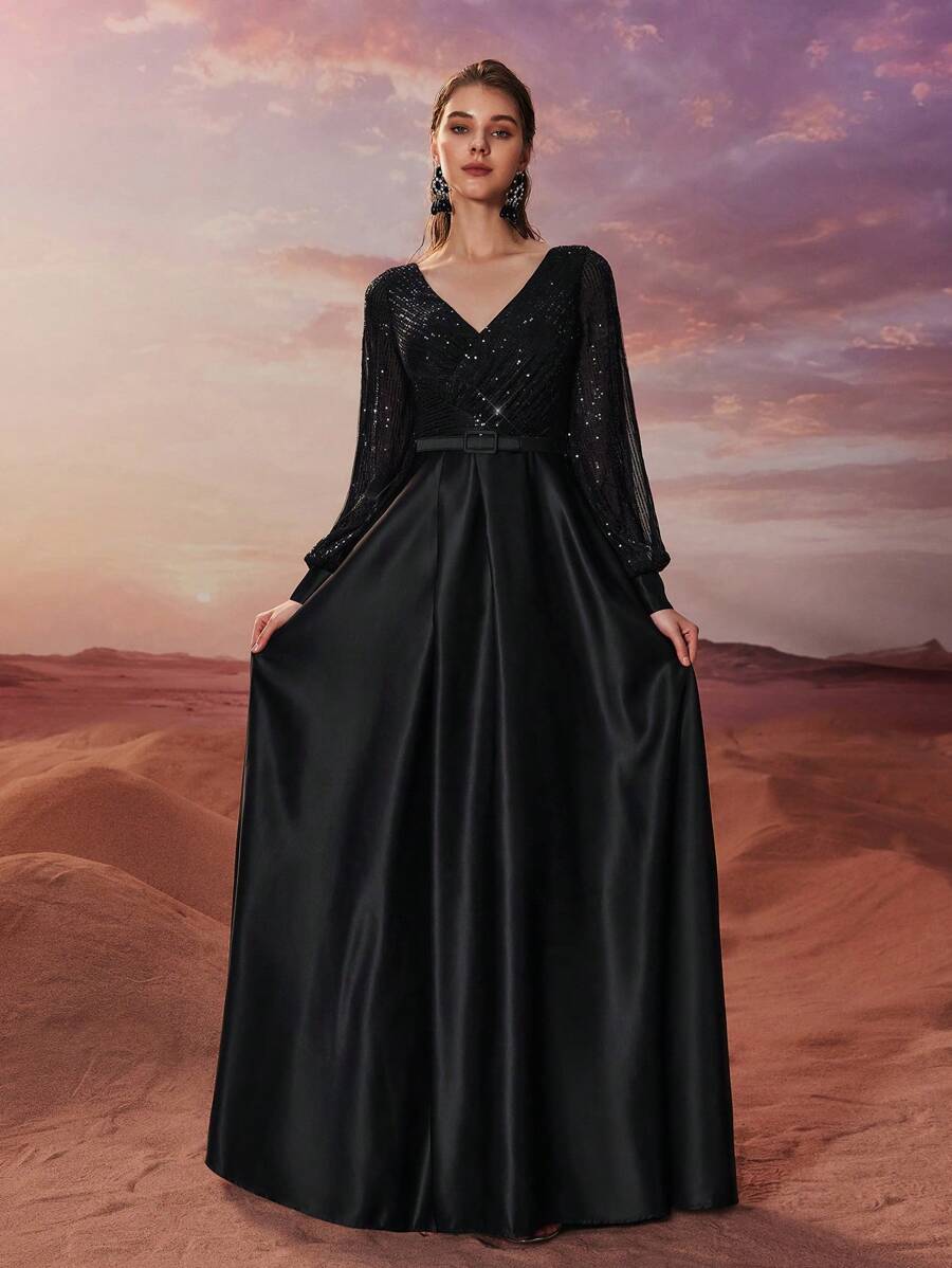 YISIKADO Women's Ball Evening Dress Elegant Elegant Sequined Color Matching Twill V-Neck Lantern Sleeve Graduation Dress, Long Sleeve Semi Formal Prom Dress, For Birthday, Wedding Guest Homecoming