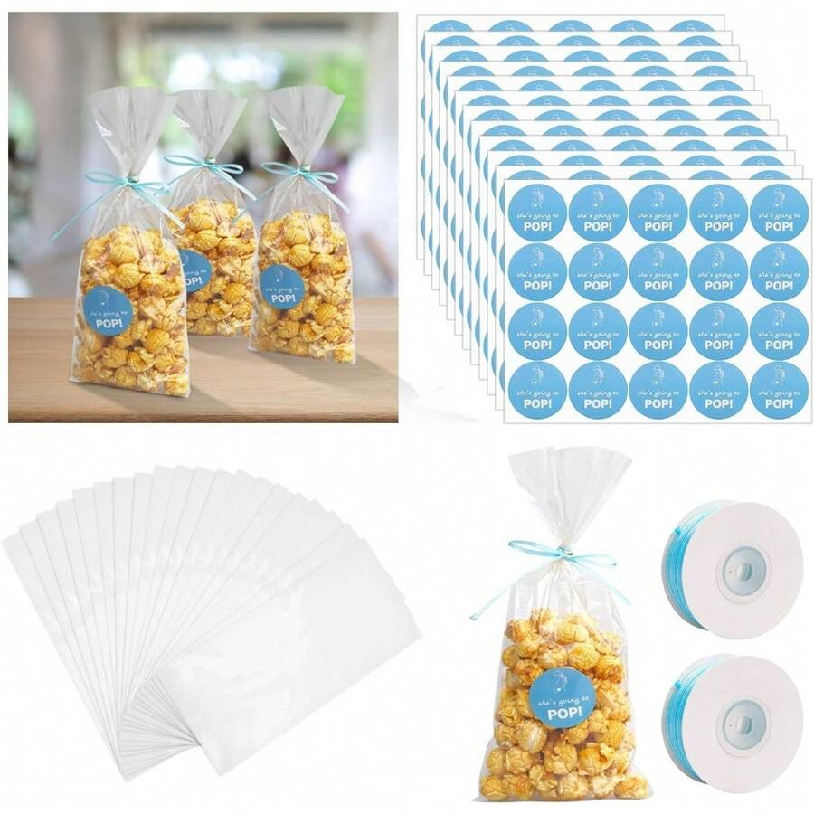 220 Pcs Clear Popcorn Bags Bulk 4.92 X 10.83 Inch Cellophane Treat Bags With She Is Going To Pop Label 2 Rolls Ribbon Plastic Popcorn Bags For Party Gift Wrapping Food Storage Shower Decor(Blue) - 220 chiếc - Xem 1