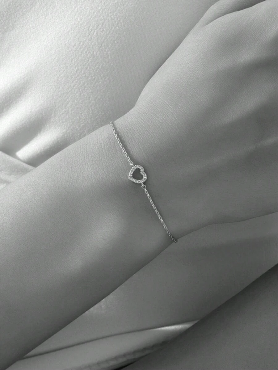 1pc Minimalist European & American Style Rhinestone Heart Bracelet Valentines - Silver- - View 1