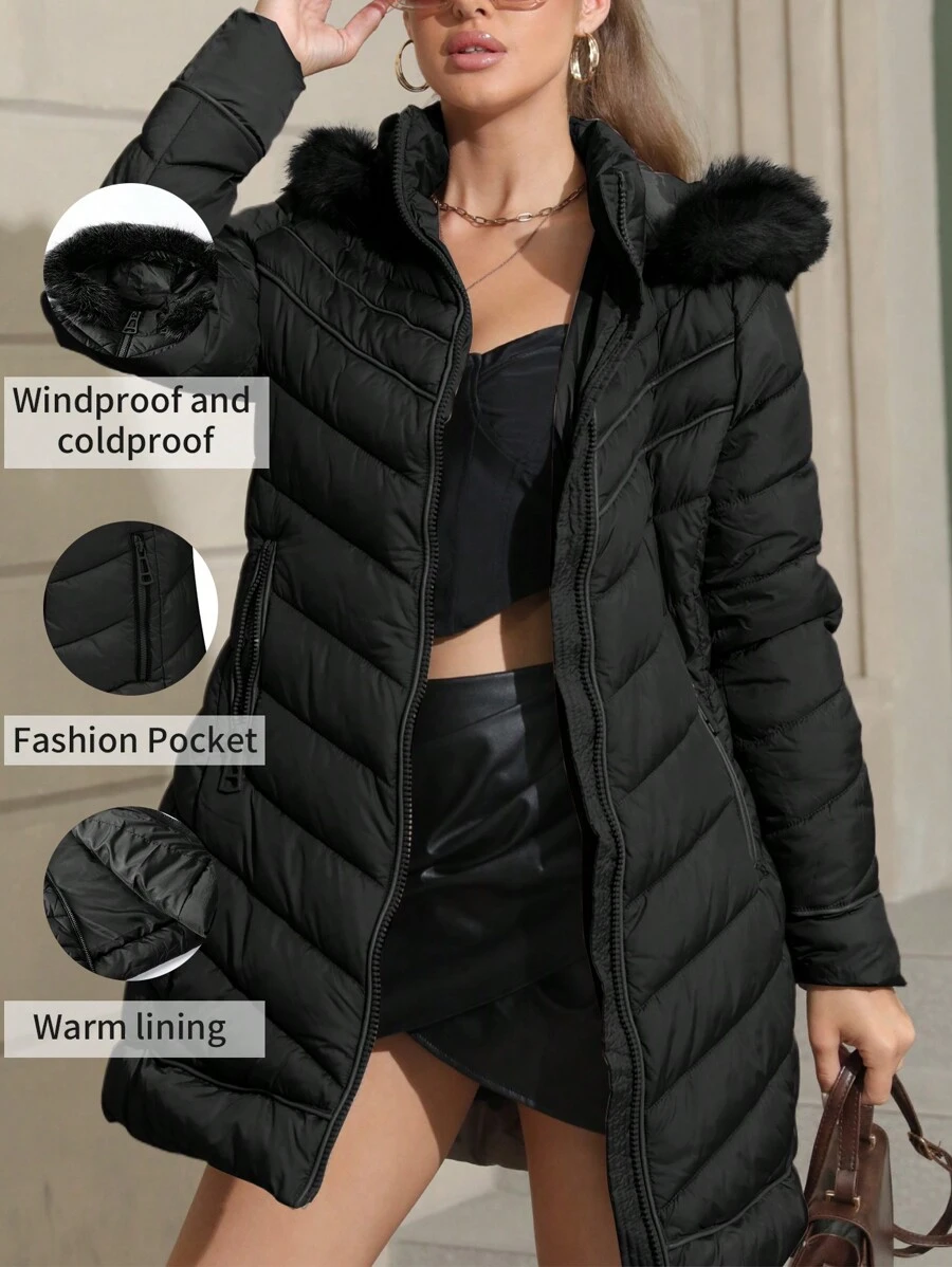 Giolshon Women's Puffer Jacket With Fluffy Hooded Collar, Down Coat For Autumn/Winter - Black - View 1