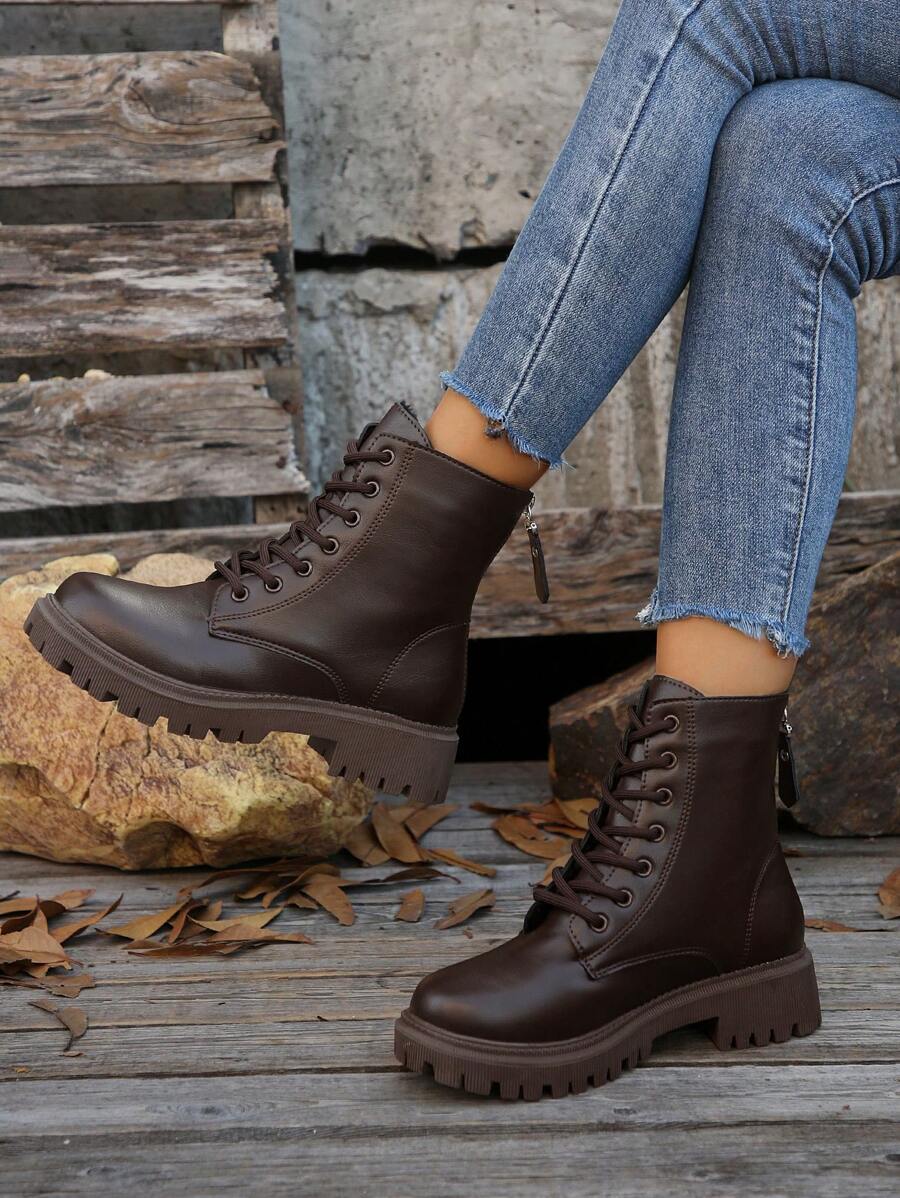 2024 秋冬新款女士厚底圆头拉链系带中筒防滑舒适时尚摩托车踝靴