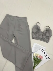 Elegant Tailored Set With Palazzo Pants And Cropped Top/DD032 - Grey - View 4