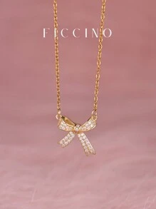 FICCINO 蝴蝶结方晶锆石吊坠项链，可调节钛金镀不锈钢链，时尚可爱的日常项链，送给女孩和最好的朋友的理想礼物，附赠情人节礼盒 - 1153n - 查看 1
