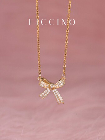  FICCINO 蝴蝶结方晶锆石吊坠项链，可调节钛金镀不锈钢链，时尚可爱的日常项链，送给女孩和最好的朋友的理想礼物，附赠情人节礼盒