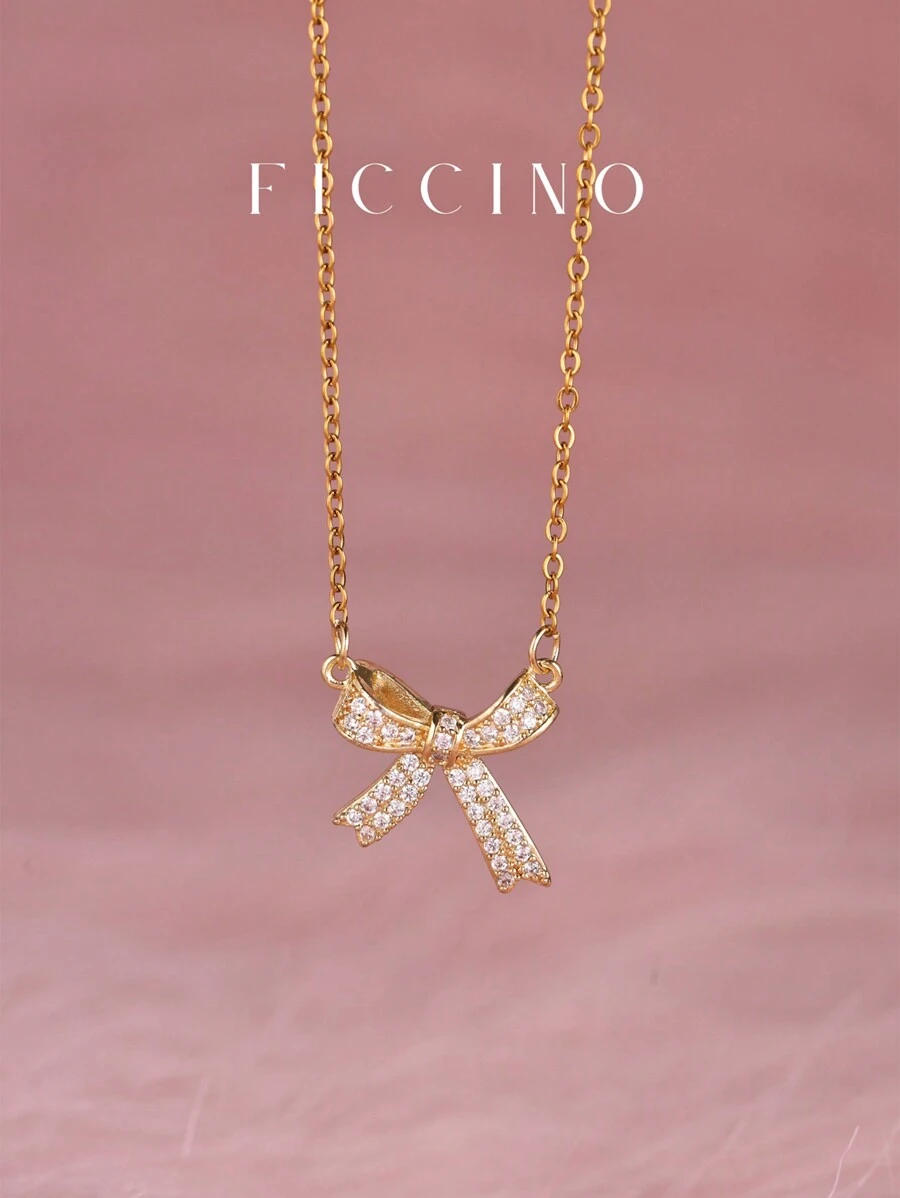 FICCINO 蝴蝶结方晶锆石吊坠项链，可调节钛金镀不锈钢链，时尚可爱的日常项链，送给女孩和最好的朋友的理想礼物，附赠情人节礼盒 - 1153n - 查看 1