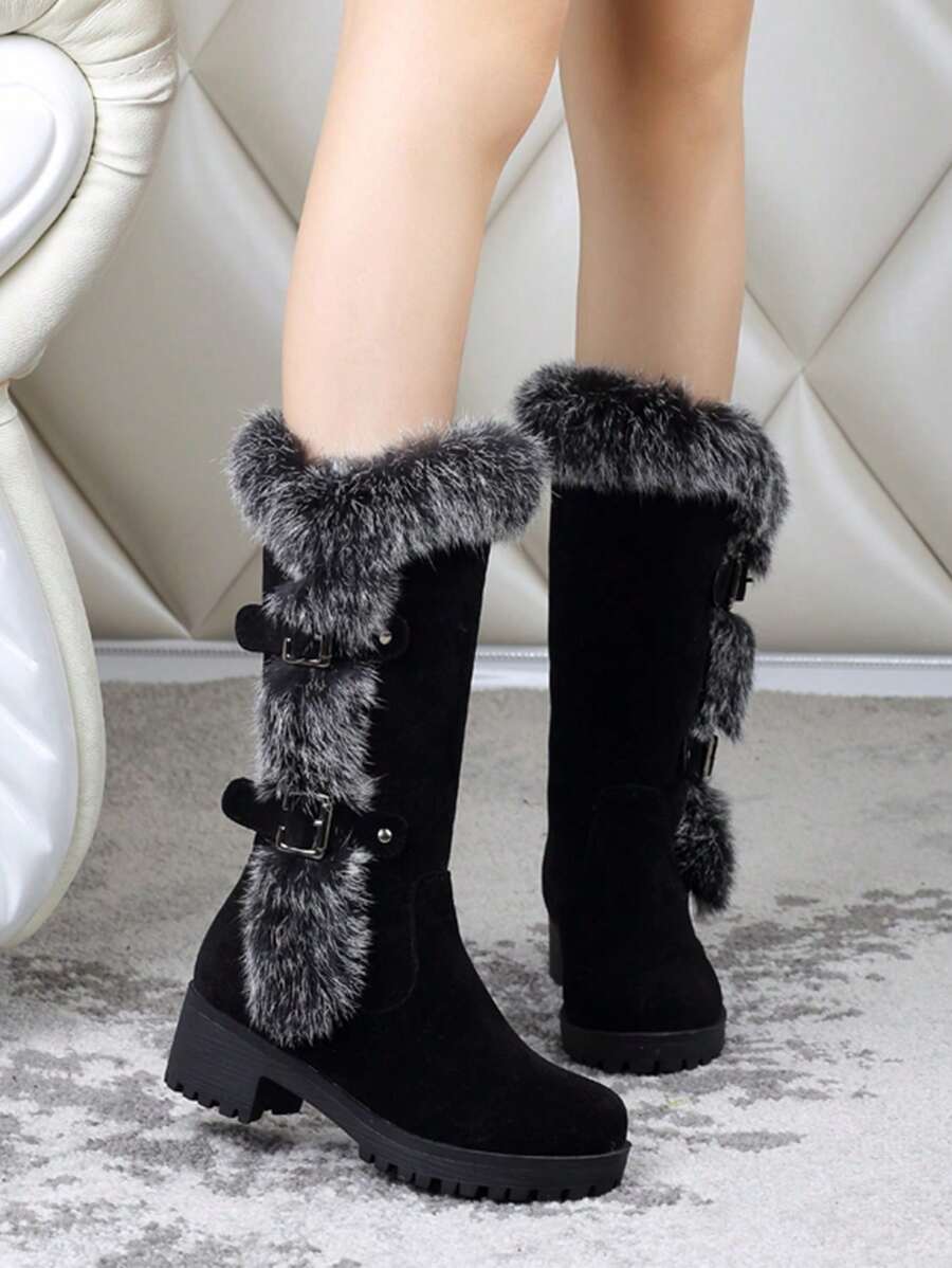 女士时尚高筒靴，粗跟，圆头，套脚，金属扣，毛领，保暖，百搭，舒适，平底雪地靴，秋冬
