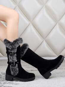 女士时尚高筒靴，粗跟，圆头，套脚，金属扣，毛领，保暖，百搭，舒适，平底雪地靴，秋冬